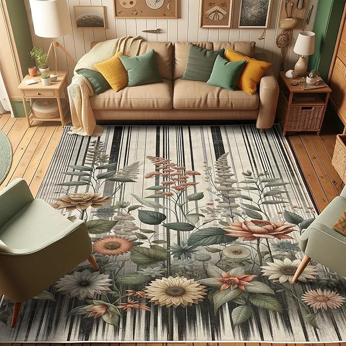 Ambesonne Botanical Decorative Rug, Nostalgic Garden Pattern with Flowers and Leaves on Retro Stripes, Quality Carpet for Bedroom Dorm and Living Room, 5' 1" X 7' 5", Sage Green and Salmon