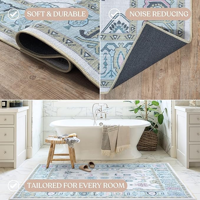 Fame Living Cream Green Oushak Rug, Modern, Vintage, Turkish, Eclectic, Floral, Pastel, Washable, Large Area Rugs for Living Room, Dining, Bedroom, Girls, Boys, 7'5"x9'8"