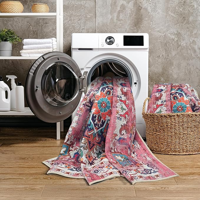 GLN Rugs Traditional Collection - Machine Washable Area Rug, Traditional Washable, Non Slip, Low Pile Chenille Rug, Living Room, Bedroom, Kitchen Rug (5' x 7' Pink/Multicolor)