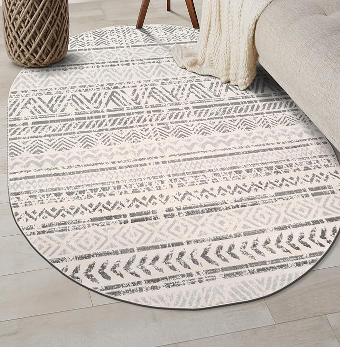 Rugshop Geometric Boho Oval Rug – Gray Tribal Pattern, Perfect for Dining Room, Living Room, 5' x 7' Oval