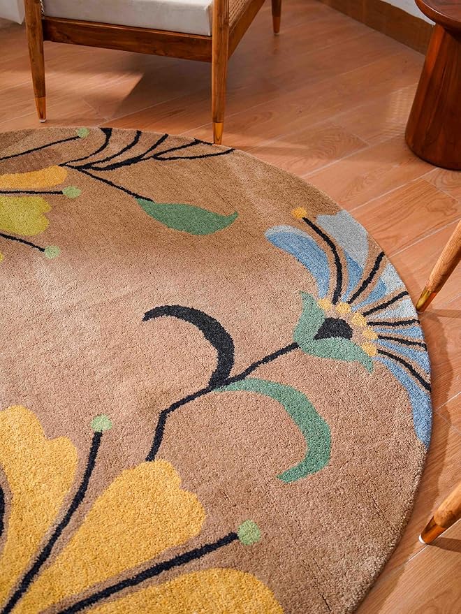 Rugsotic Carpets Hand Tufted Wool ECO-Friendly Area Rugs - 8'x8', Round Shape, Camel, Floral Modern Design, High Pile Thick Handmade Anti Skid Area Rugs for Living Room, Bed Room (K00219)