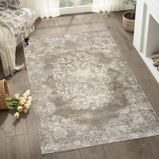 jinchan Washable Area Rug 3x5 Entryway - Soft Distressed Vintage Floral Indoor Bedroom Rug Faux Wool Low Pile Small Oriental Accent Carpet for Kitchen, Entrance, Bedside, Dining Room(Brown, 3'x5')