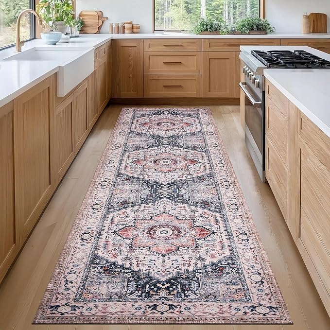 PURRUGS Vintage Farmhouse Boho Runner Rug 2x8 ft, Non-Slip Machine Washable Rug, Accent Oriental Area Rug for Kitchen, Hallway, Entryway, Bedroom, Living Room and Dining Room, Coral Red/Marine Blue