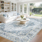 9x12 Area Rugs Washable Rugs for Living Room, Large Vintage Boho Rug Non-Slip Soft Floral Distressed Rug Low Pile Stain Resistant Carpet for Bedroom Nursery Office Dining Room Farmhouse(Blue, 9'x12')