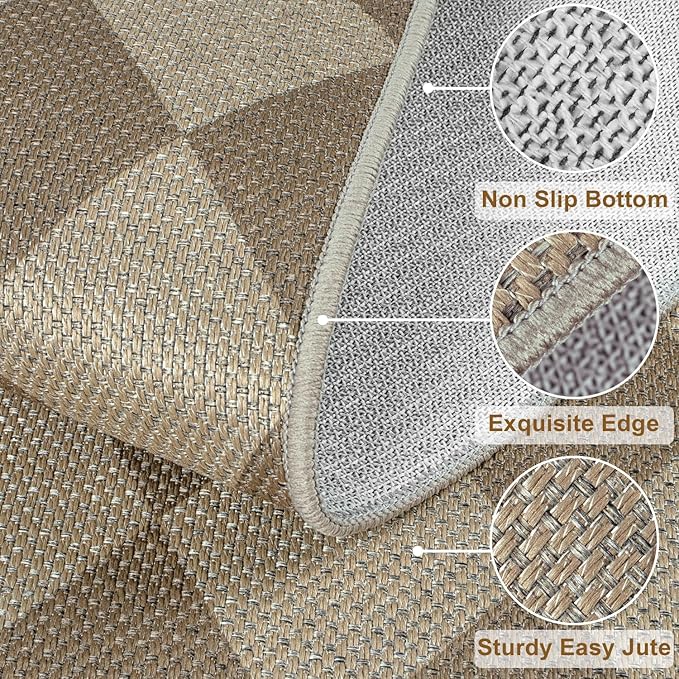 Easy Jute Checkered Runner Rug, 2x6 Brown Modern Washable Rugs Runner for Hallway Non-Slip Long Kitchen Rug, Geometric Diamond Indoor Outdoor Carpet for Porch Laundry Entryway