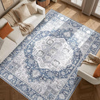 DUKINO 8x10 Rugs for Living Room, Vintage Non-Slip Washable Area Rugs, Faux Wool Bedroom Rug with Non-Shedding, Indoor Low-Pile Boho Rugs for Dining Room, Farmhouse, Blue