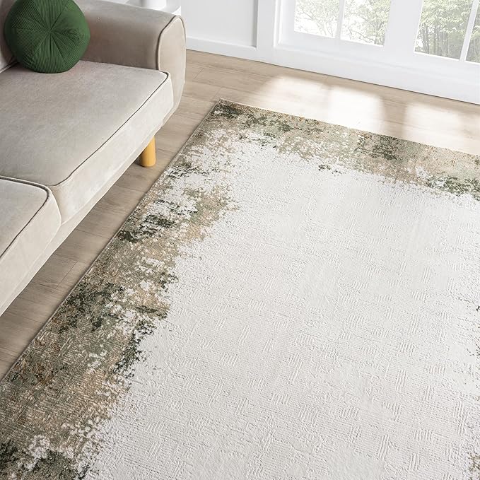 Abani Beige with Green Border Washable Area Rug – 5' x 8' – Classic Textured Design – Ivy Collection – Non-Shedding, Easy to Clean – Durable for High Traffic Areas – Living Room & Bedroom