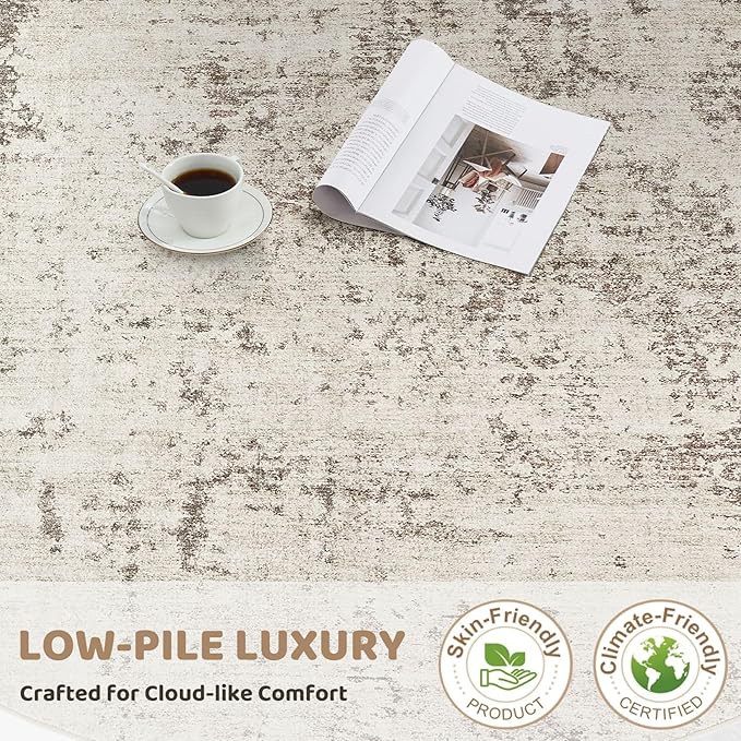 8ft Round Area Rug Living Room Rugs - 8x8 Washable Neutral Modern Abstract Soft Thin Rug Indoor Floor No Slip Rug Carpet for Bedroom Under Dining Table Home Office Decor - Dark Brown