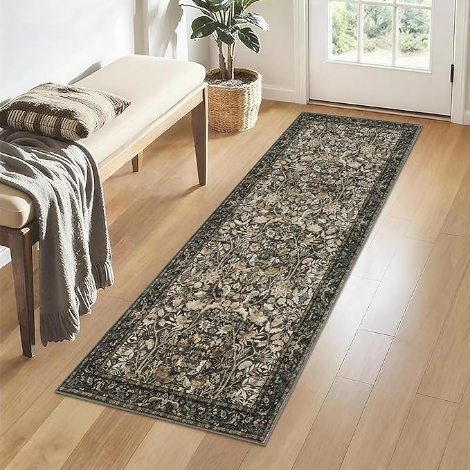 Washable Runner Rug 2x6: Vintage Boho Floral Carpet Runners for Hallway Entryway Non-Slip - Soft Botanical Low Pile Thin Mat for Kitchen Bathroom Bedroom Laundry Floor Decor - Dark Brown