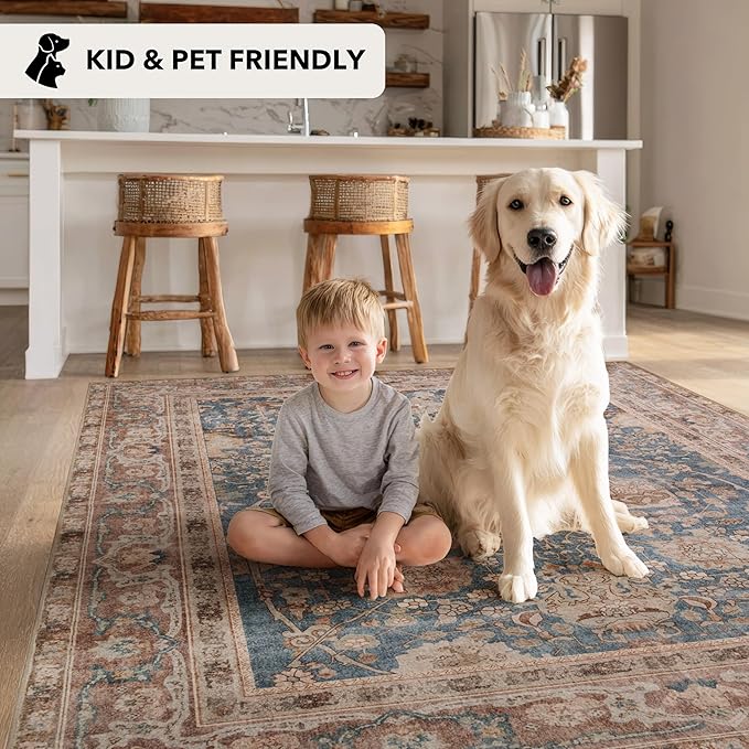 Kuden 5x7 Area Rug, Machine Washable Area Rug with Non-Slip Backing, Vintage Style, Soft, Easy Clean, Low Pile Rug for Living Room, Bedroom, Dining Room
