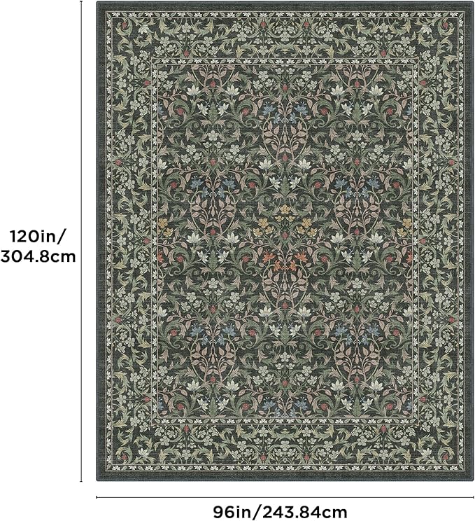 Bavni 8x10 Area Rugs for Living Room, Floral Rug Machine Washable Non Slip, Vintage Boho Forest Carpet, Soft Low Pile Thin Lightweight Rugs for Bedroom, Farmhouse, Dining Room Office, Emerald Green