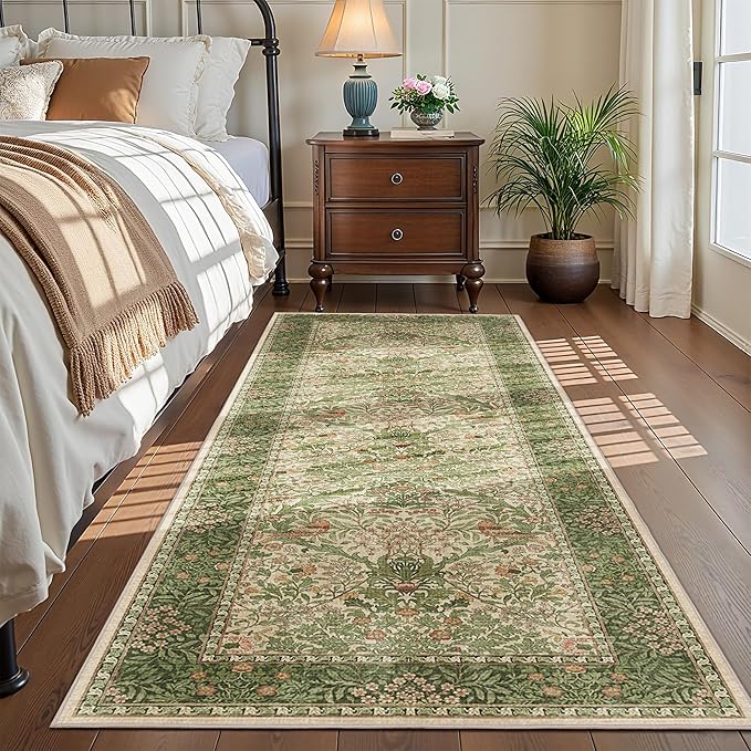 2.6x8 Floral Washable Area Rug Soft Runner Rugs for Kitchen, Vintage Boho Hallway Rug for Bedroom Dining Room, Botanical Birds Non Slip Low Pile Throw Carpet, Retro Pink/Green