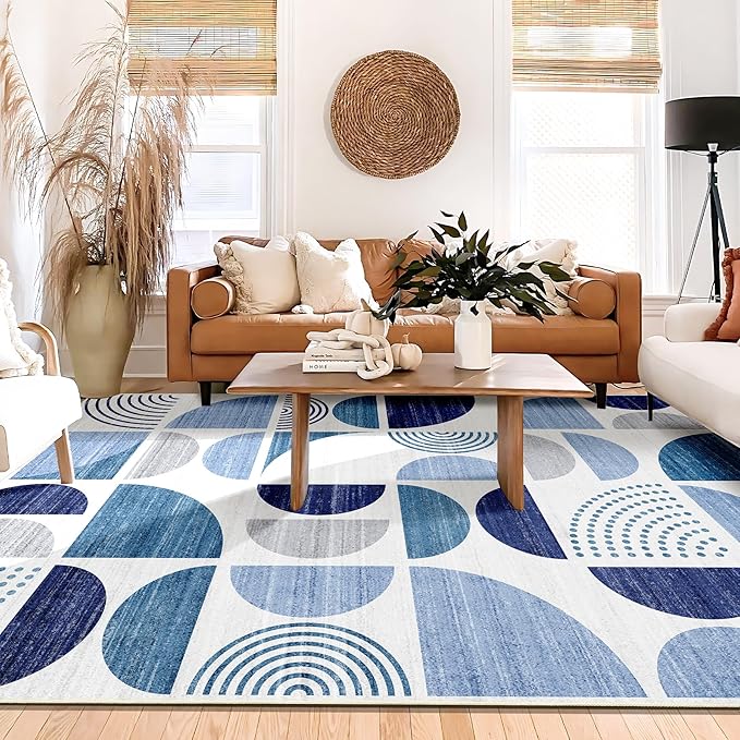 MUJOO Blue Rug Boho Washable,6x9 Area Rugs for Living Room Bedroom Dining Room,Large Throw Floor Carpet Non Slip Soft Modern Abstract Navy Blue
