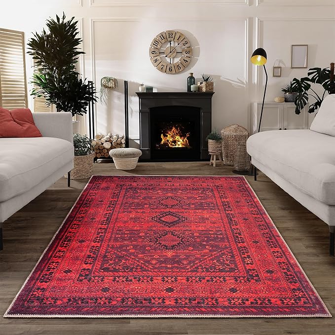 Bloom Rugs Washable Non-Slip 4' x 6' Rug - Red Traditional Bordered Area Rug for Living Room, Bedroom, Dining Room, and Kitchen - Exact Size: 4' x 6'