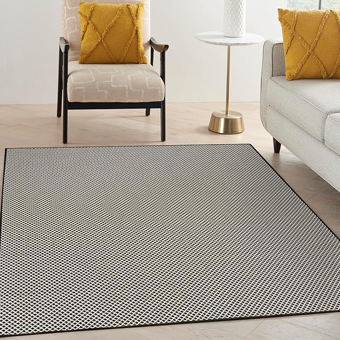 Nourison Home Courtyard Black White 6' x 9' Area Rug - Easy Clean, Non Shedding, Bed Room, Living Room, Dining Room, Kitchen (6' x 9')