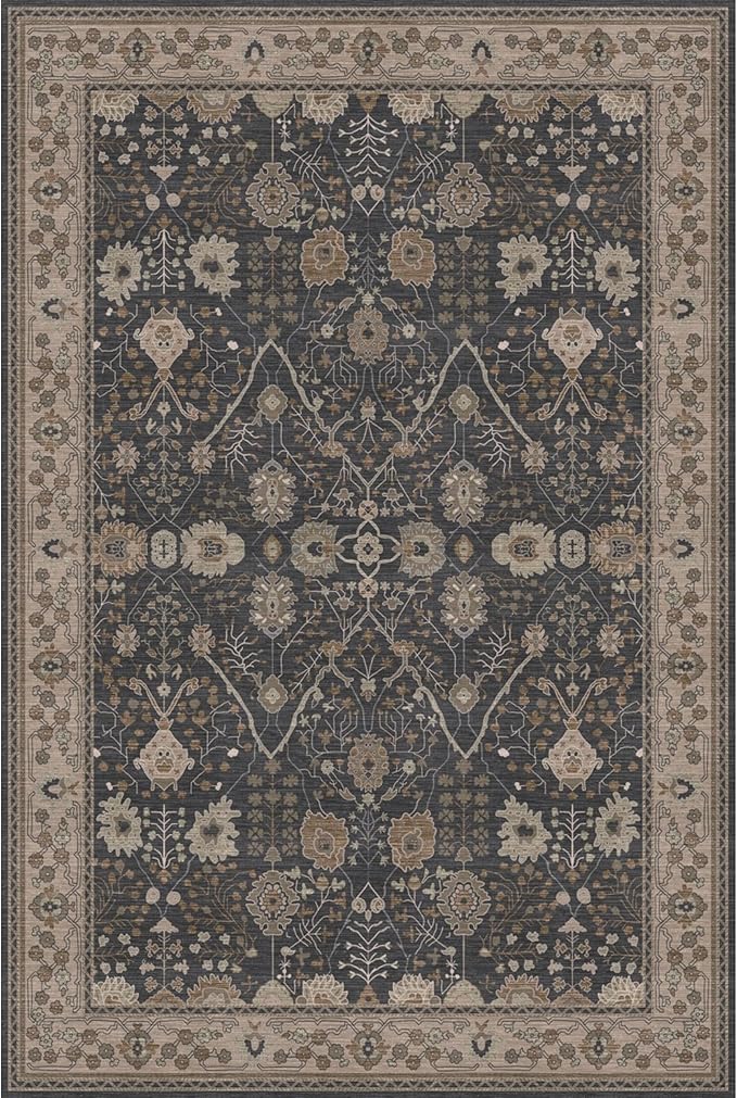 Kuden 6x9 Area Rug, Machine Washable Area Rug with Non-Slip Backing, Vintage Style, Soft, Easy Clean, Low Pile Rug for Living Room, Bedroom, Dining Room