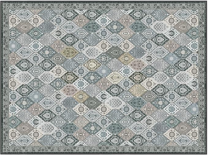 Phantoscope Washable Area Rug 9'x12' Non-Slip, Vintage Boho Rugs for Living Room, Bedroom, Dining Room, Distressed Moroccan Mosaic Diamond Pattern, Low-Pile Foldable Floor Carpet, Grey Charcoal