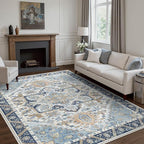 5x7 Area Rug Machine Washable Boho Rug for Living Room,Ultra-Thin Low Pile Carpet,Lightweight Indoor Printed Rug,Non Slip Floral Area Rug for Bedroom, Dining Room, Home Office,Blue