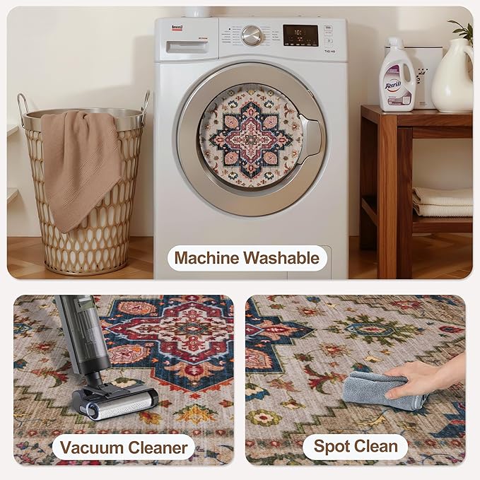 Tangsoo 5x7 Area Rug Washable Rugs for Living Room, Vintage Indoor Non Slip Large Area Rugs, Print Carpet, Soft Low Pile Rug Foldable Floor Rug for Bedroom Dining Room Dorm Beige/Red