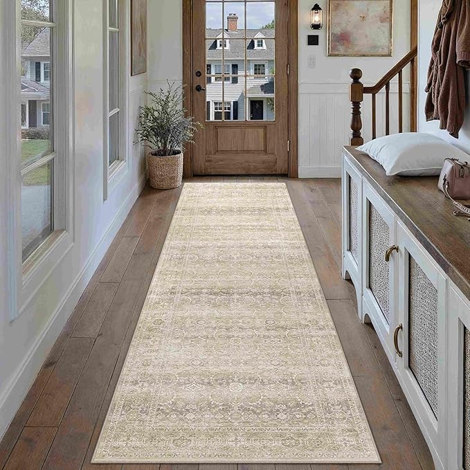 HUGEAR 2x8 Area Rug Beige Vintage Neutral Washable Runner Rug Non Slip Soft Distressed Carpet Low Pile Pet Friendly for Kitchen Hallway Porch Foyer
