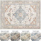 10x12 Area Rug Living Room: Washable Boho Large Neutral Vintage Soft Rugs Stain Resistant Distressed Farmhouse Non-Slip Indoor Floor Carpet for Bedroom Nursery Kids Office Dining Room- Beige Blue