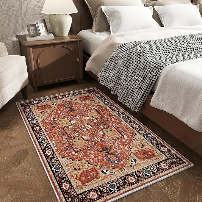 EnHomee 3x5 Washable Area Rugs for Bedroom, Boho Vintage Rugs, Foldable Area Rug for Dining Room, Non-Slip Soft Living Room Rug, Low Pile Large Carpet for Bathroom, Red
