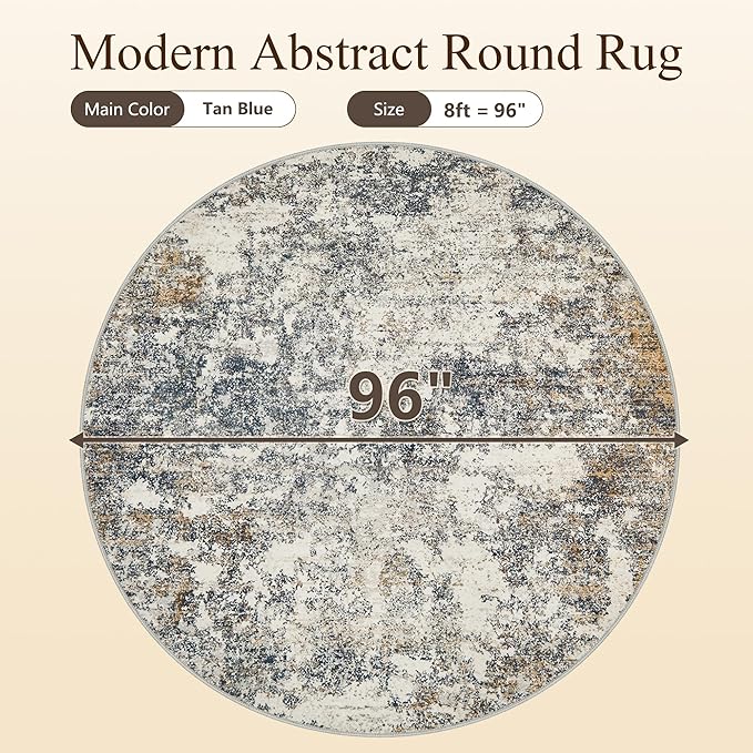 8ft Washable Round Rug - 8x8 Area Rugs Modern Abstract Rugs for Living Room Non-Slip Low Pile Soft Machine Washable Carpet for Bedroom, Living Room, Dining Room, Nursery, Farmhouse (8'x8' Tan Blue)