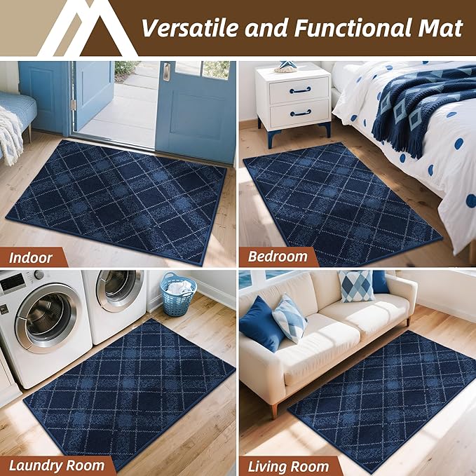 COSY HOMEER Plaid Door Mat 24" x 36",Dirt Trapper Entryway Rugs,Non-Slip Washable Farmhouse Doormat,Low Profile Welcome Mats for Paws Navy Blue