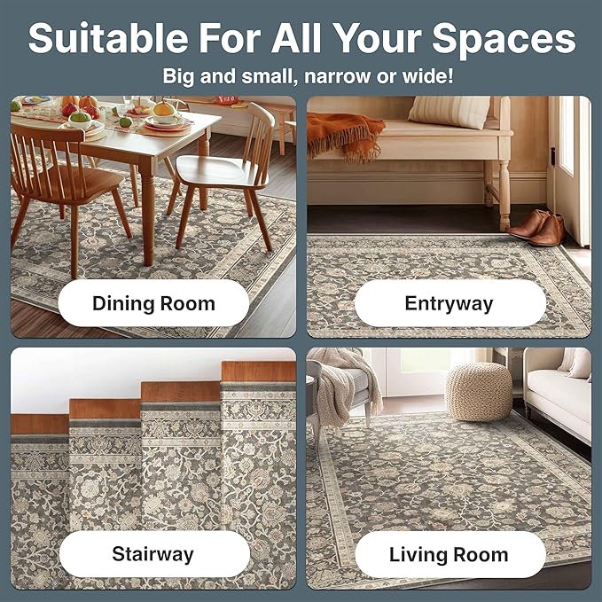 Well Woven Asha Rome Charcoal Brown 5'3" x 7'3" Area Rug - Oriental Floral Pattern, Easy Clean, Floor-Friendly Backing - for Living Room, Bedroom, and Dining Room