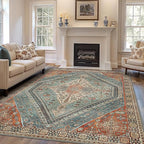 Bavni Washable Rug 8x10 Area Rug for Living Room Bedroom Dining, Washable Vintage Print Carpet, Ultra-Thin Chenille Low Pile Lightweight Rug with Non Slip Backing, Light Red/Blue