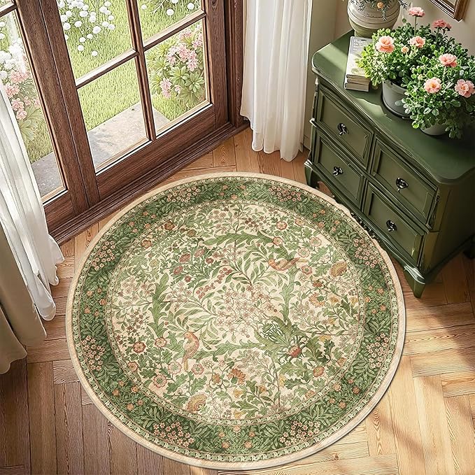 4ft Round Area Rugs for Living Room, Washable Floral Circle Rug Non Slip Low Pile, Vintage Boho Botanical Birds Throw Carpet for Farmhouse, Bedroom, Dining Room, Retro Pink/Green