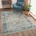 Bloom Rugs Caria Washable Non-Slip 8x10 Rug - Blue Green/Tangerine Traditional Area Rug for Living Room, Bedroom, Dining Room, and Kitchen - Exact Size: 7'8" x 10'