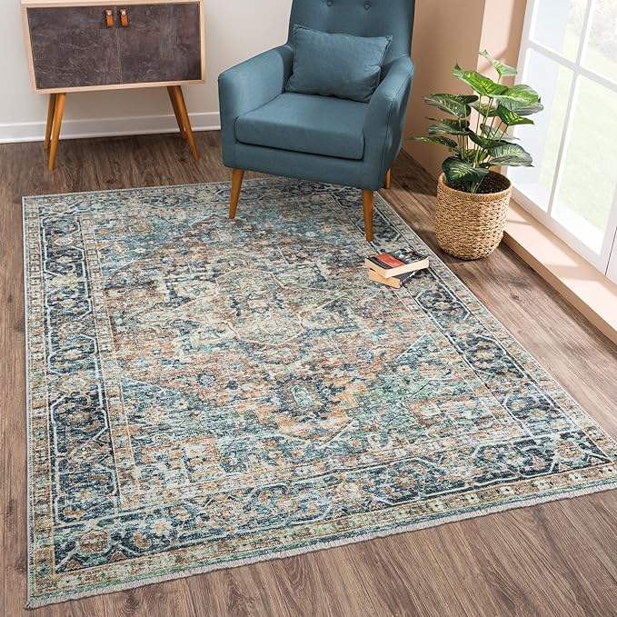 Bloom Rugs Caria Washable Non-Slip 3x5 Rug - Blue Green/Tangerine Traditional Area Rug for Living Room, Bedroom, Dining Room, and Kitchen - Exact Size: 3' x 5'