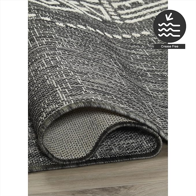 FH Home Flat Woven Outdoor Rug - Waterproof, Easy to Clean, Stain Resistant - Premium Polypropylene Yarn - Boho Moroccan - Large Patio, Deck, Sunroom - Ariana - Charcoal - 7ft 8in x 9ft 8in