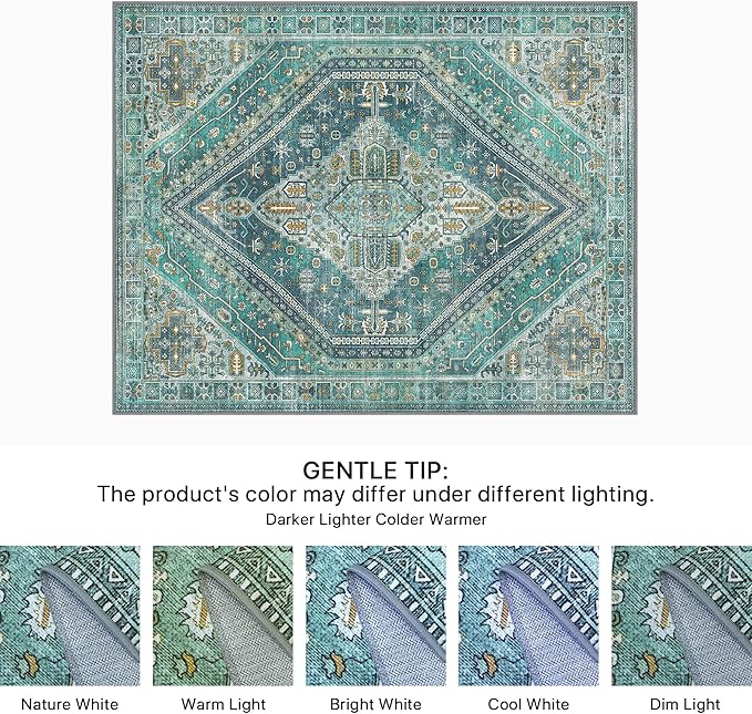 Bavni Washable Rug 8x10 Area Rug for Living Room Bedroom Dining, Washable Vintage Print Carpet, Ultra-Thin Chenille Low Pile Lightweight Rug with Non Slip Backing, Blue/Green