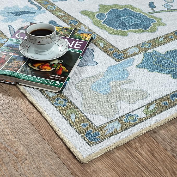 Fame Living Green Oushak Rug, Modern, Vintage, Turkish, Eclectic, Floral, Pastel, Washable, Oversized, Extra Large Area Rugs for Living Room, Dining, Bedroom, Lounge 9'5"x14'