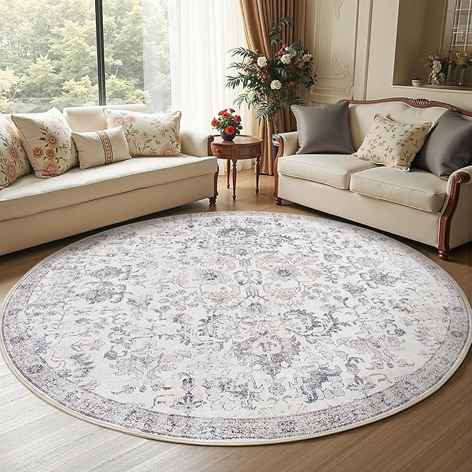 jinchan Kalen Round Rug 7ft Area Rug Washable Vintage Indoor Retro Floor Cover Distressed Gray Floral 7' Round Circle Boho Non Slip Thin Carpet for Living Room Dining Room Bedroom Kitchen Grey