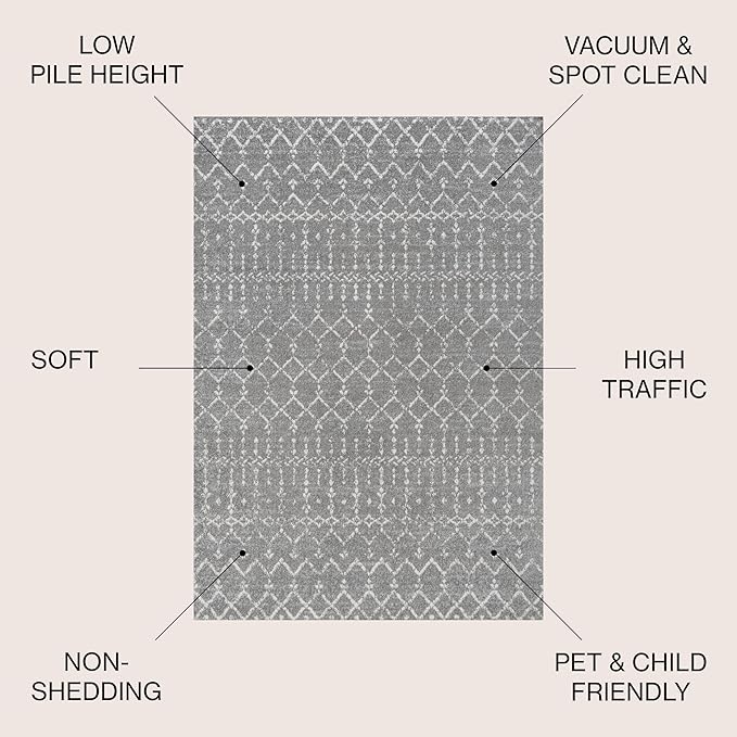 JONATHAN Y Boho Vintage Diamond Gray/Ivory Round Area Rug 5 ft, Moroccan Hype for Living Room, Bedroom, Kitchen, Office, Easy-Cleaning, High Traffic, Pet-Friendly, Non-Shedding (MOH101C-5R)