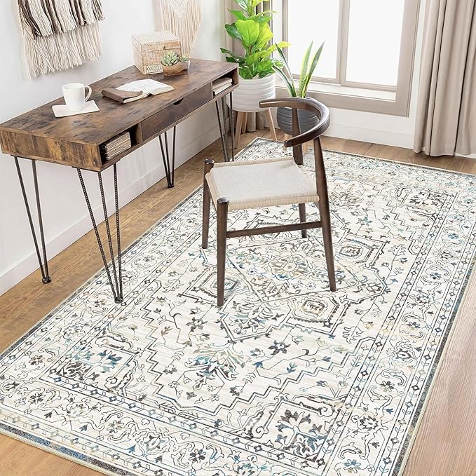 Enkor Area Soft Rugs 4x6 Washable Non Slip Boho Floor Rugs for Living Room Bedroom, Vintage Style Farmhouse Mat for Kitchen Entryway White & Grey