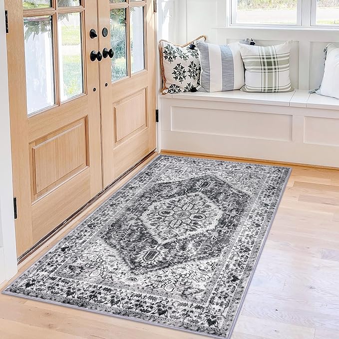 KOZYFLY Boho Area Rug 3x5 Ft Rugs for Entryway Washable Entry Rug Non Slip Door Mat Indoor Entrance Printed Faux Wool Vintage Kitchen Rug Throw Rugs for Kitchen Living Room, Grey