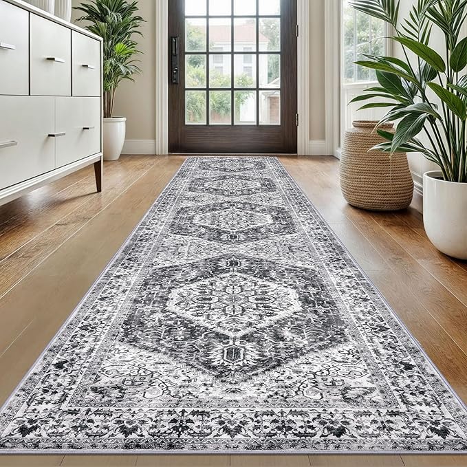 KOZYFLY Long Runners for Hallways 2x10 Ft Washable Kitchen Runner Rug Boho Runner Rug for Entryway Indoor Printed Faux Wool Stair Runner Floor Carpet for Stair Kitchen Hall, Grey