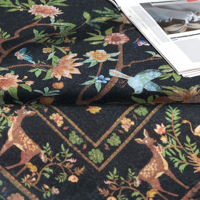 Black Rug for Living Room 5x7 Area Rugs, Machine Washable Non-Slip Carpet, Boho Floral Low Pile Throw Rugs for Bedroom, Dining Room, Office, Nursery, Vintage Home Decor