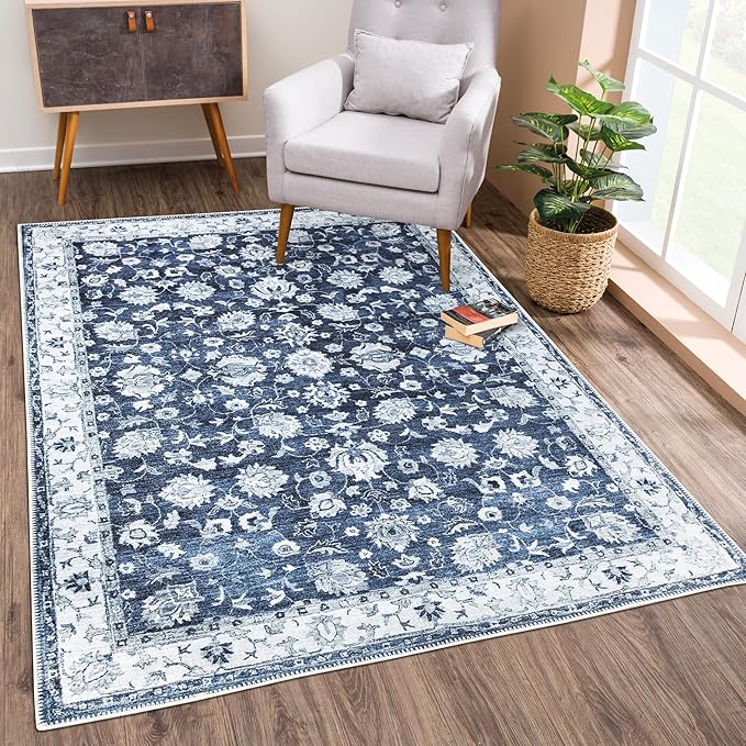 Bloom Rugs Washable Non-Slip 8' x 10' Rug - Dark Blue Traditional Bordered Area Rug for Living Room, Bedroom, Dining Room, and Kitchen - Exact Size: 8' x 10'