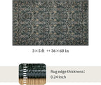 Washable Living Room Rug: 3x5 Boho Floral Soft Area Rug for Bedroom Decor - Vintage Low Pile Thin Carpet for Dining Room Non-Slip - Farmhouse Stain Resistant Rugs - Dark Green