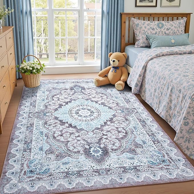 5x7 Area Rug for Bedroom, Machine Washable Rugs with Non-Slip Backing for Living Room, Soft Vintage Carpet Kitchen Laundry Kids Room Decor, Blue & Brown