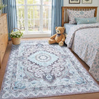 6x9 Area Rug for Bedroom, Machine Washable Rugs with Non-Slip Backing for Living Room, Large Vintage Carpet Kitchen Laundry Kids Room Decor, Blue & Brown