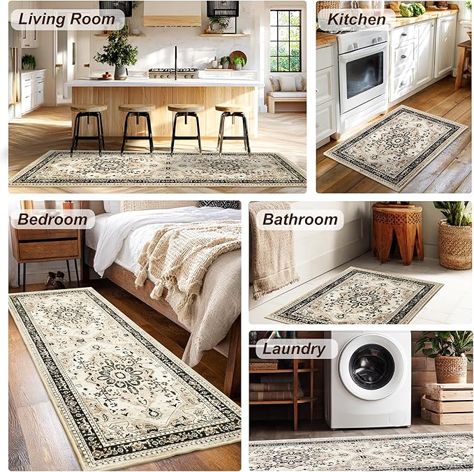 XWZO Entryway Area Rug 2x3ft — Soft Low Pile Non-Slip Door Mat for Bedroom Bathroom Kitchen Laundry, Spill Resistant Washable Small Indoor Carpet for Doorway & Entrance, Brown Beige