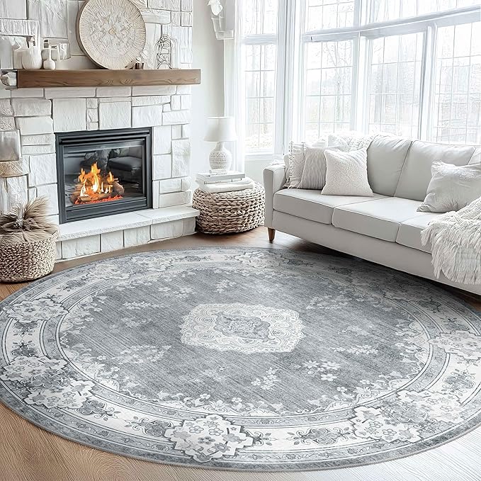 MUJOO Grey Round Rug 9ft,Large Circle Washable Area Rugs for Bedroom Living Room Bathroom,Boho Non Slip Circular Carpet,Floral