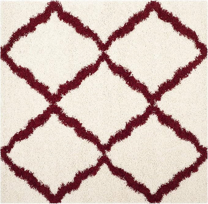 SAFAVIEH Dallas Shag Collection Area Rug - 6' Square, Ivory & Red, Trellis Design, Non-Shedding & Easy Care, 1.5-inch Thick Ideal for High Traffic Areas in Living Room, Bedroom (SGD257R)