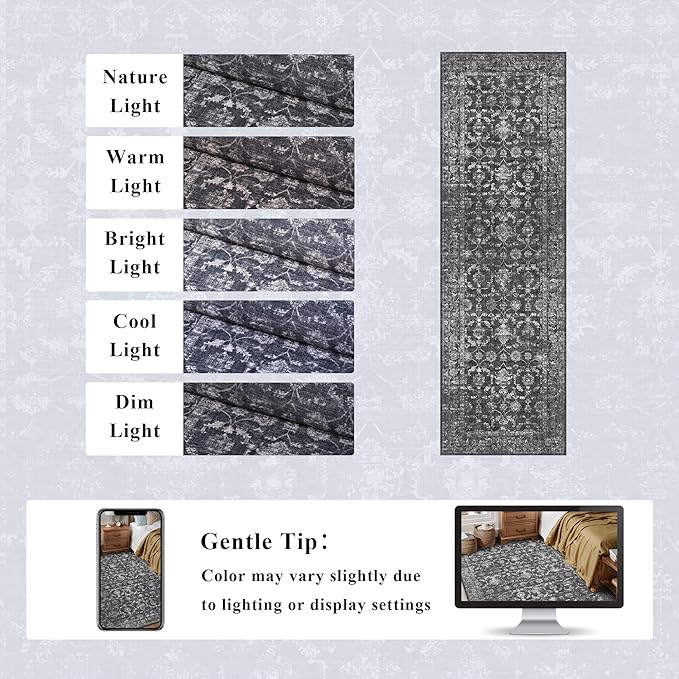 Washable Area Rug 2x6 Black Runner Rugs for Living Room, Vintage Boho Hallway Large Rug for Bedroom Dining Room Office, Distressed Floral Carpet for Under Table, Soft Non Slip Low Pile Throw Carpet